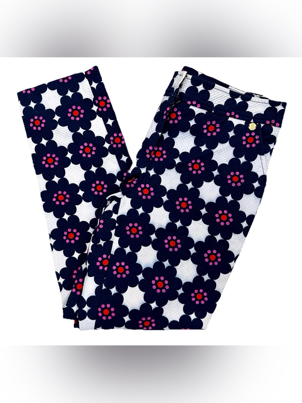 Trina Turk Floral Pants 2 Ankle/Cropped Navy Pink White Whimsy Playful Travel